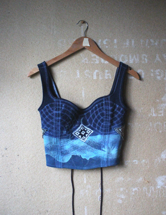 2 in stock- Fits XS/S - Deep Water Spirit Continuum/Integration -Corset Top - FUll length -100% thick sturdy heavy weight Cotton french terry - Deadstock fabric- regenra-zhinh