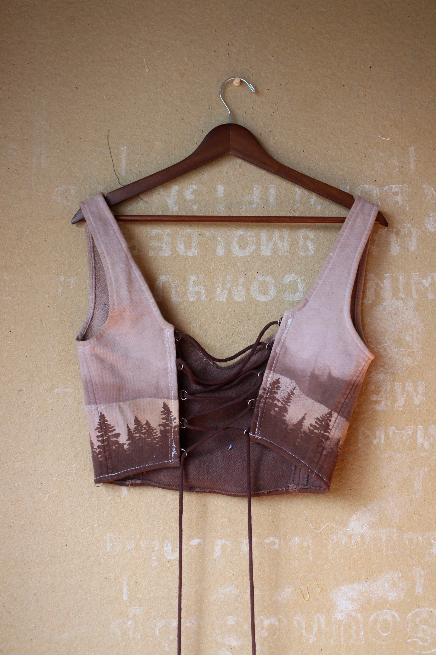 Large - Mauve Forest moon Landscape Corset Bustier Top- Screen printed - and stenciled - Made from 100% Cotton french terry thick sturdy heacy weight