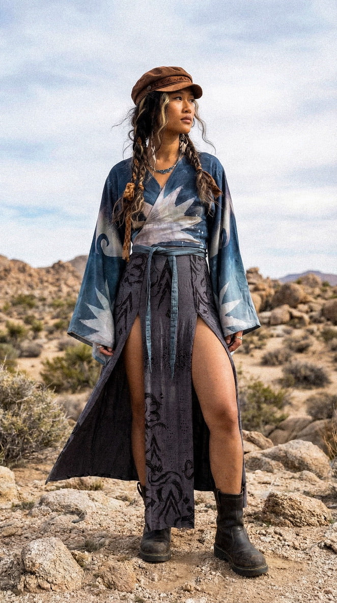 2 RTS- S/M Blue Celestial Burst Temple Swirl -  Kimono Wrap Top-- Made From Lotus Agricultural waste "Silk" (Copy)