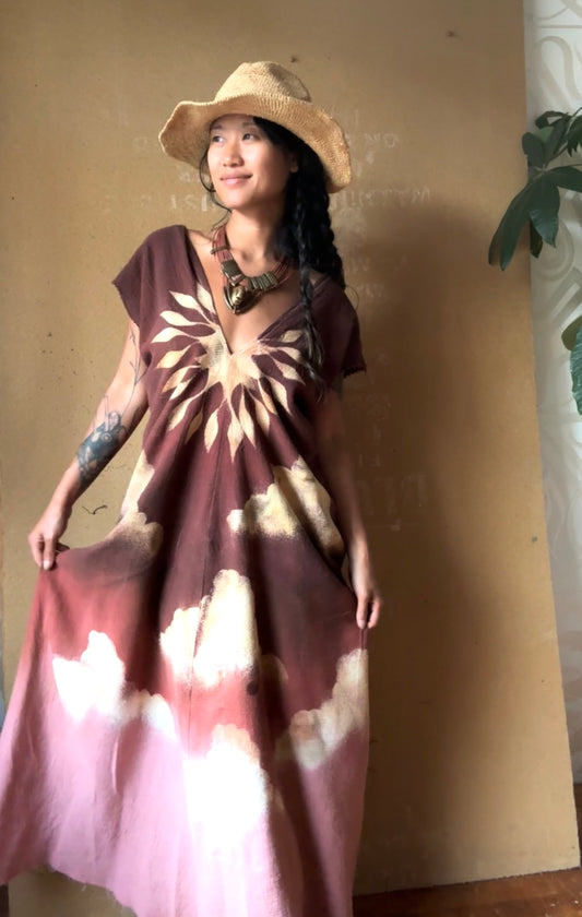 S/M/L Deep Mauve Heart Burst - Henka Dress - 100% Cotton Deadstock -Tie Back Open Weave Fabric - Long Maxi (on 5.5ft model)