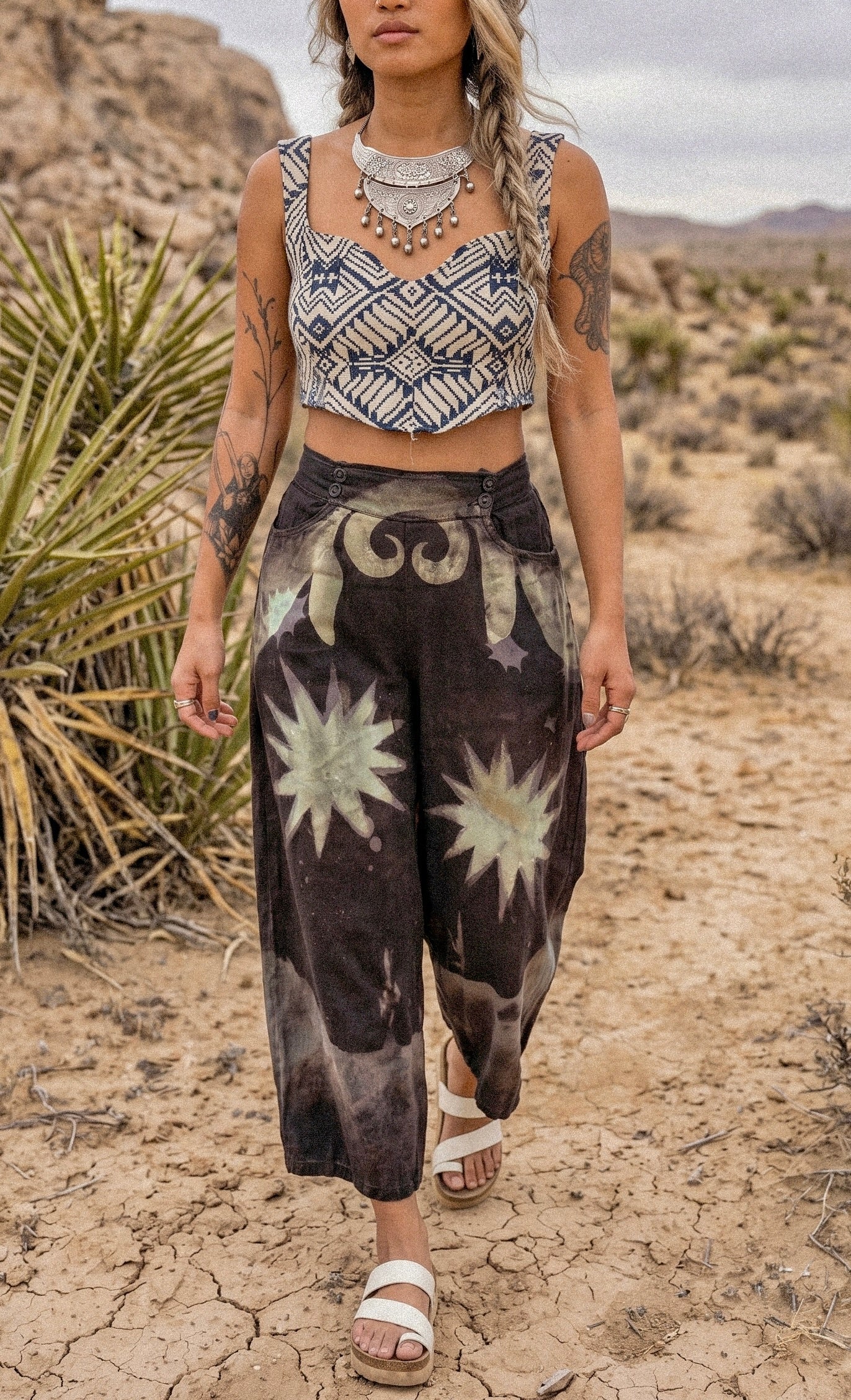 Small/Medium - Mysteries of transformation Pants - OOAK Wide Legged - Short - 100% LinenLinen Pants - upcycled/ Regenerazhinh