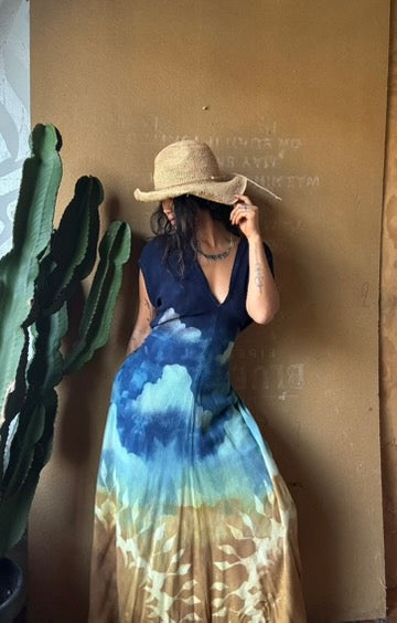 Petite (Fits XS/S/M) Tall Maxi Dress (can Hem If requested) And rise neckline too if needed - Grand Risings  -Tie Back - Transformable Maxi - 100% Fluid flowy novelty cotton - Limited version special fabric