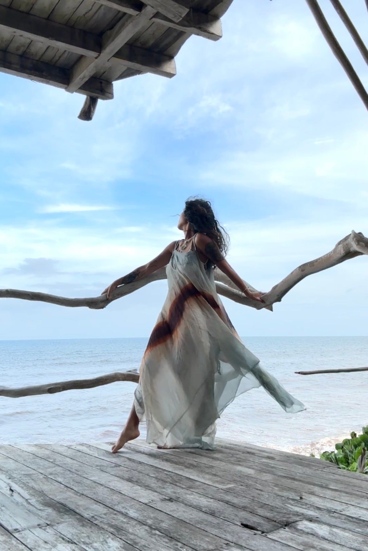 Free Size- Sunset Horizon on the Lake- EXPANSE 100% dead stock Silk Chiffon Cover up Dress- Adjustable  straps