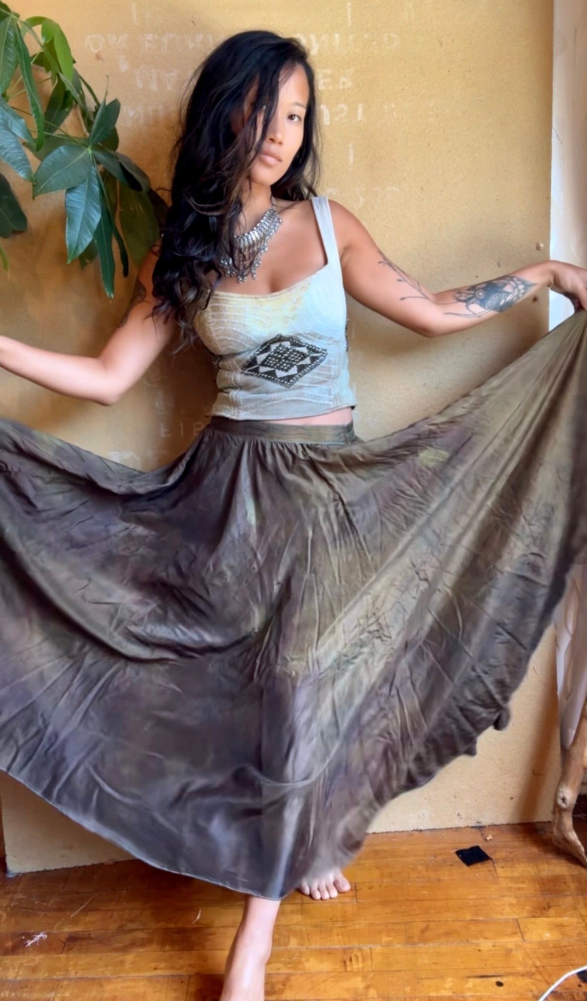 Small - Bronze Beetle Maxi/midi Skirt - Made from 8 meters of 100% Peace Ahisma Silk - Hand dyed- Olive green/bronze/brown -OOAK