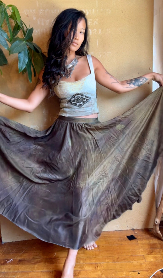 Marked Down -Small - Bronze Beetle Maxi/midi Skirt - Made from 8 meters of 100% Peace Ahisma Silk - Hand dyed- Olive green/bronze/brown -OOAK