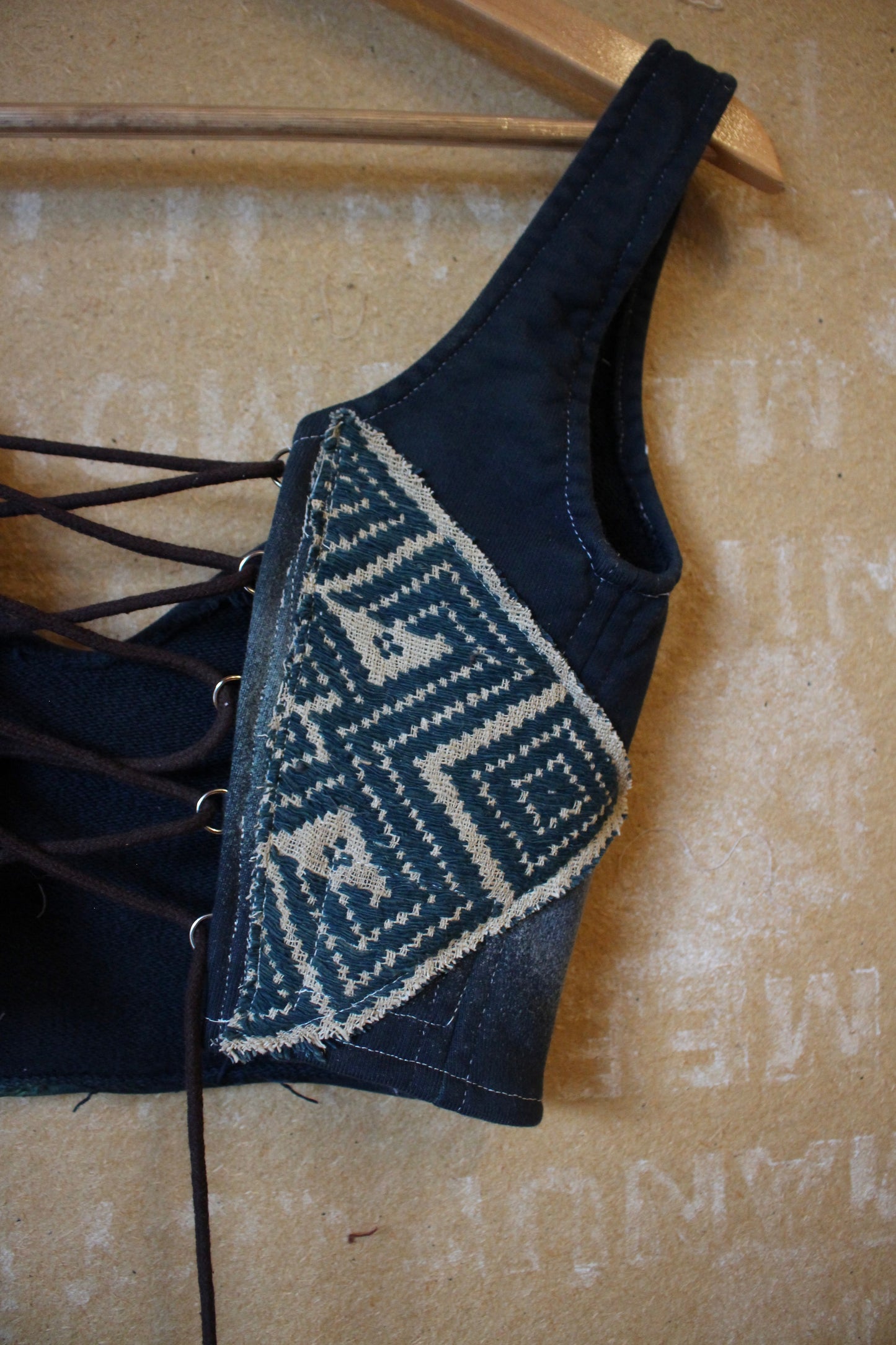 Small Cropped Midnight Corset Bustier Top- 100% Organic Thick heavy weight french terry cotton - with vintage 70's Hmong Hilltribe Vietnamese woven tapestry