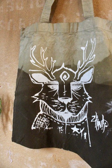 Zhinh - Roger/Tree Landscape Print Tote Bag - Green -Limited series - Hand dyed - Screen Printed- Organic Cotton- Grocery bag/Book Bag/Picnic Bag