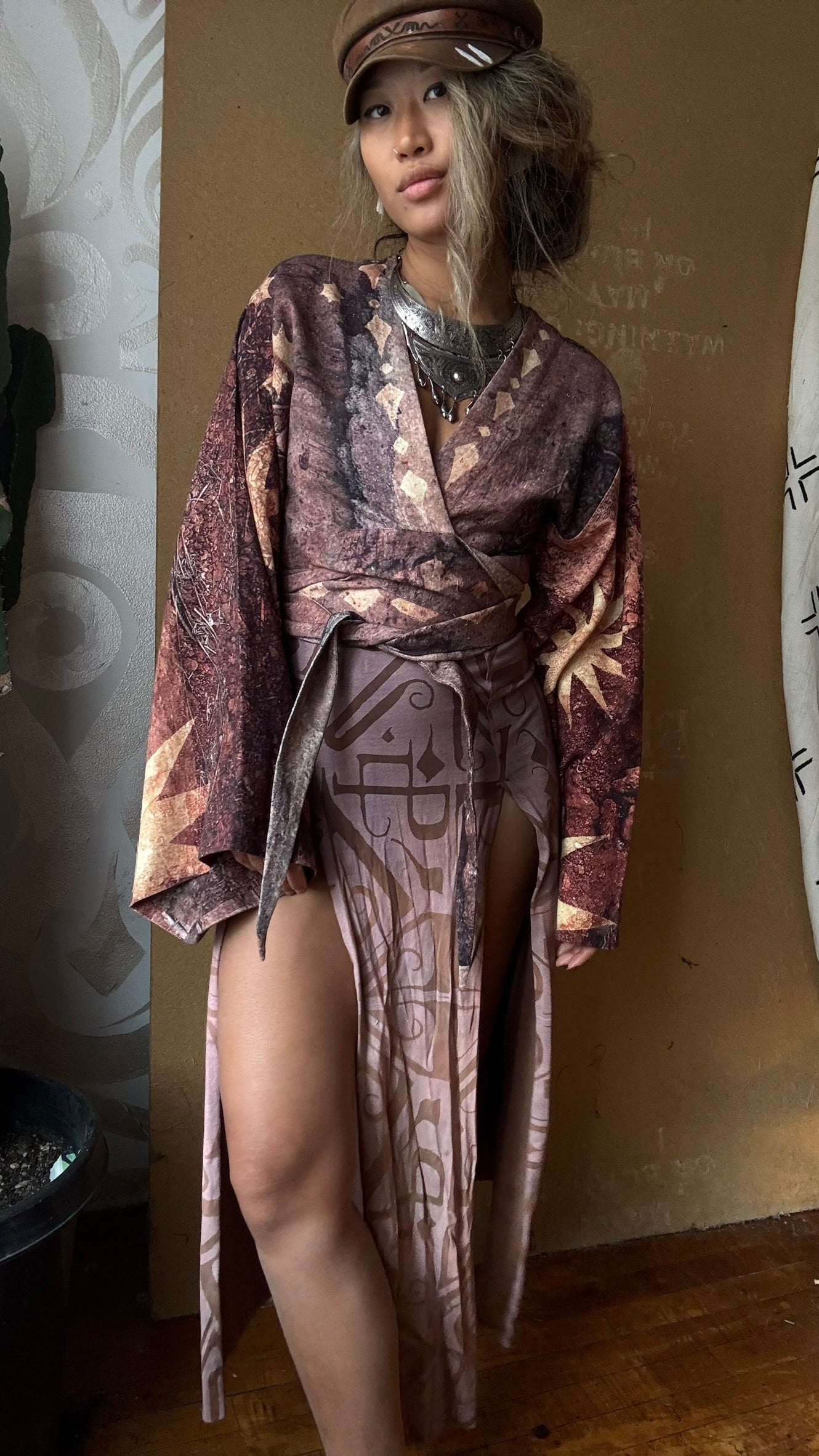 GOA Earth Celestial Kimono Wrap top - RTS - OXIDATION of the World Collection - 100% Organic Hand loomed Kala cotton -Digital Print/ Hand Painted Embellishments-bell sleeves