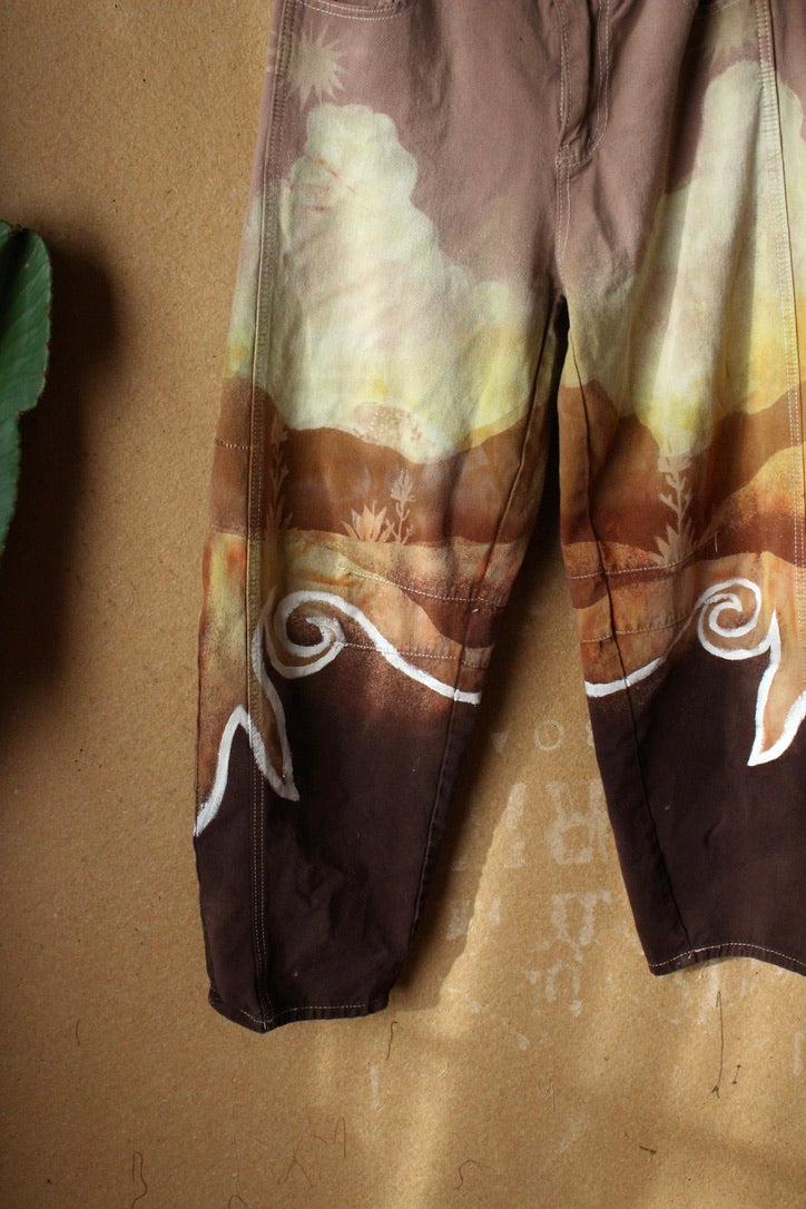 5 Pants- S/M (4/6) - Blush Secrets Landscape -100% cottonv- Temple Swirl - Regenerazhinh Upcycled Pants