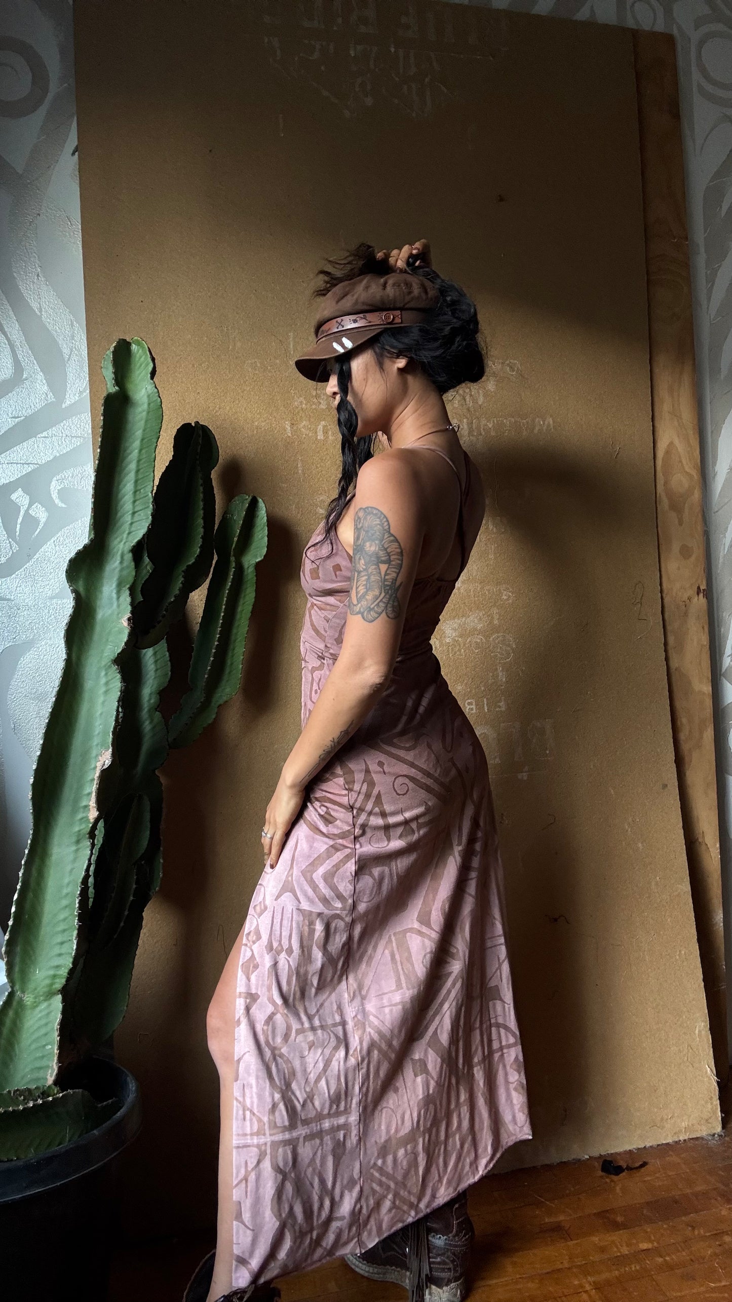 Small - Mauve Blush - Limited series -(little orange variation of pigments in dye job) Darkoski X Zhinh Collaboration Empress Warrior Slit Dress- Screen Printed 66% bamboo, 26% cotton, 8% spandex- Recommended for 5.5ft and under (Copy)