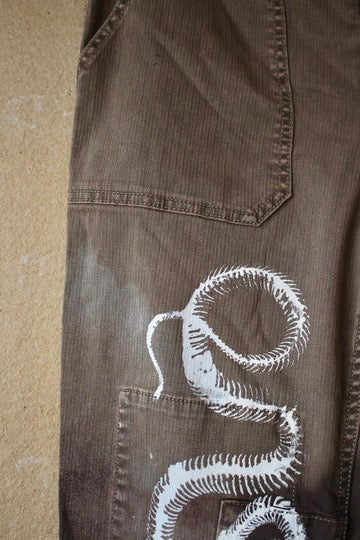 Size 8-10  - Serpent Bones Pants Upcycled - 29x30 - screen printed -hand dyed -98% Cotton 2% Spandex