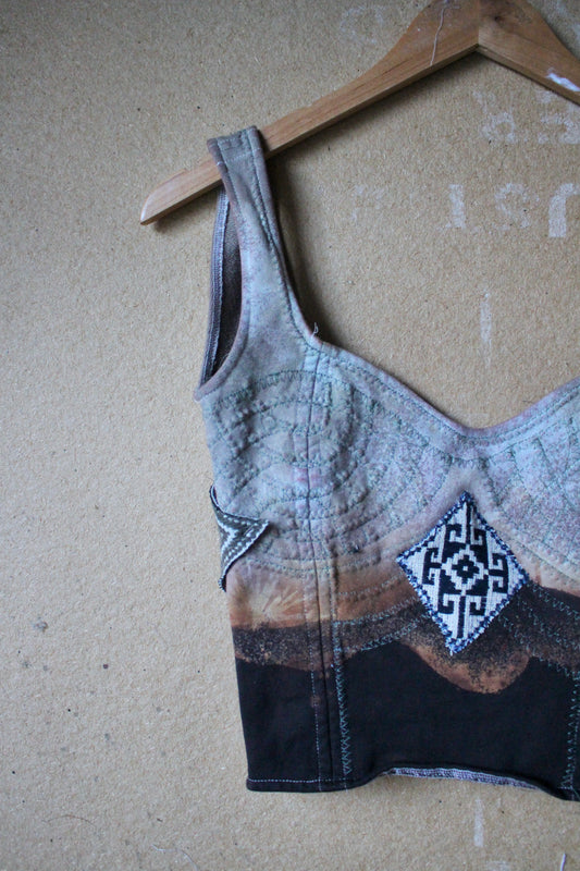 XS/S - Continuum/Integration Corset Top - Vintage 70's Handwoven Vietnamese patches - Adjustable back