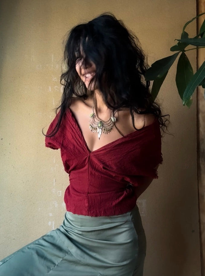 RTS - Petite (XS/S/M) The Bleed Henka Top - Organic Rain fed hand woven Kala Cotton- Hand dyed