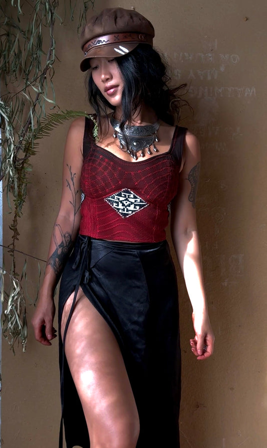 2 New MTO Slots - (made to order slots ) Continuum Integration-Charcoal Embers Corset Top 100 % Thick heavyweight french terry deadstock fabric--4-8 weeks Turn arounnd - Hand dyed-70's Vintage Vietnamese Hmong hilltribe woven textile patches