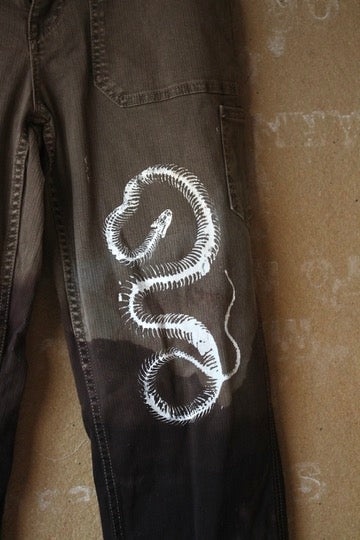 Size 8-10  - Serpent Bones Pants Upcycled - 29x30 - screen printed -hand dyed -98% Cotton 2% Spandex