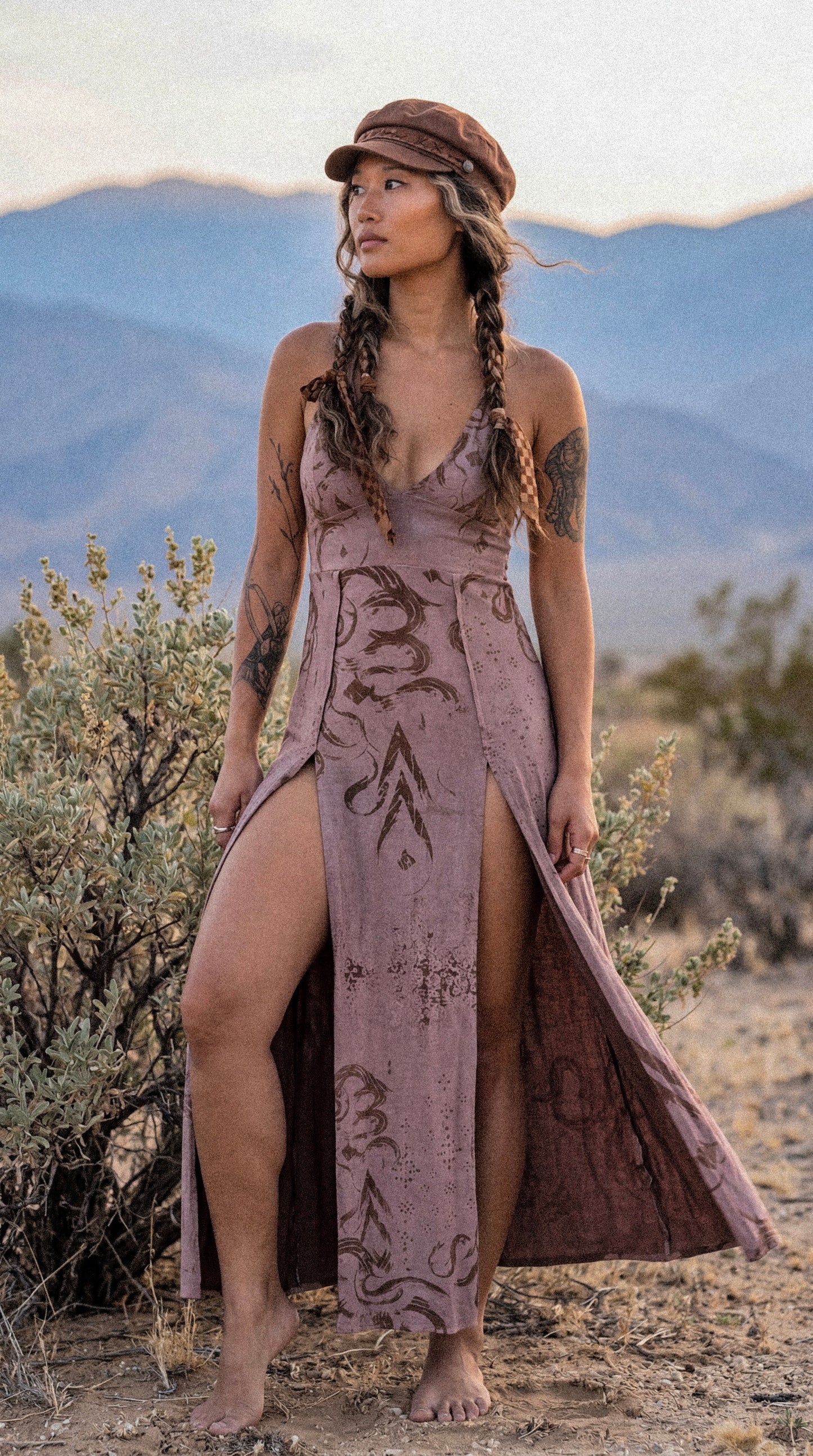 Medium - Mauve Blush Dust Flow Print- Empress Slit Dress - - Limited Series Darkoski Collaboration Dress- Bamboo/Cotton/4 Spndx