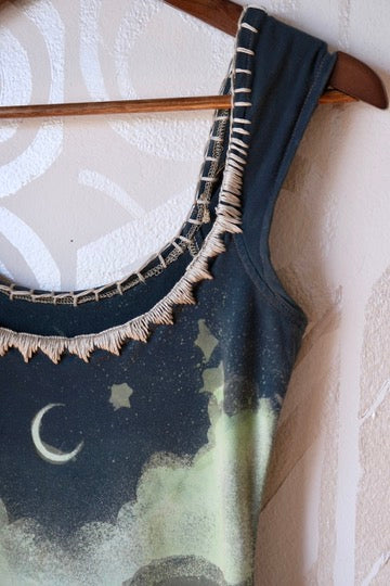 SMALL -Mountain Howl Basket Dress - OOAK - Hand Embroidered - Maxi Dress - 96% Organic Cotton 4% Spandex