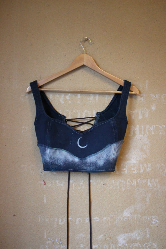 Small Cropped Midnight Corset Bustier Top- 100% Organic Thick heavy weight french terry cotton - with vintage 70's Hmong Hilltribe Vietnamese woven tapestry