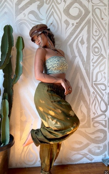 S/M - Olive Green Star Burst - Parachute Pants - Made from Lotus Agricultural Waste Vegan Silk-