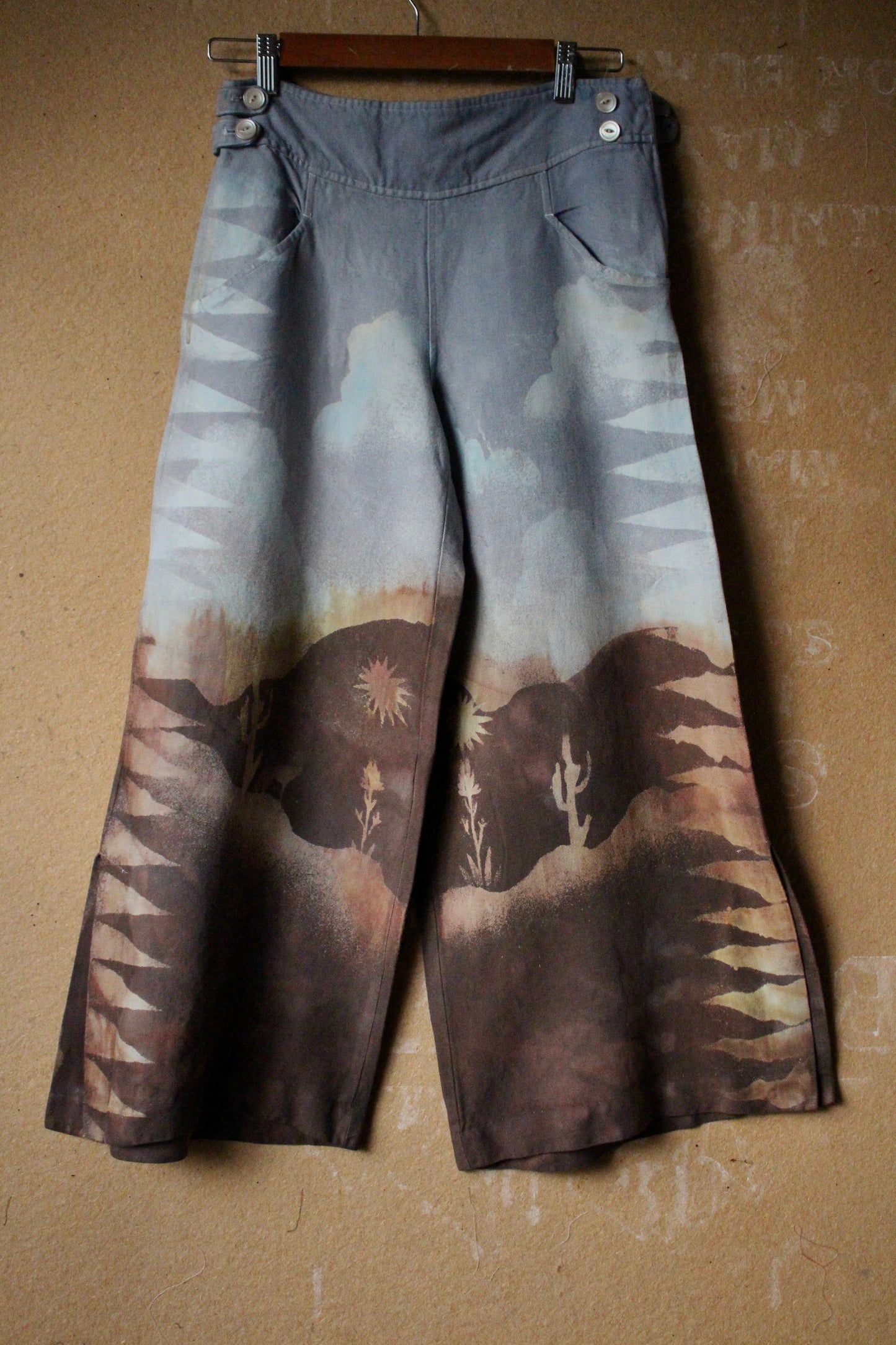 Small- OOAK High Desert Mountains- Wide Legged Pants - Short measurements below- Upcycled