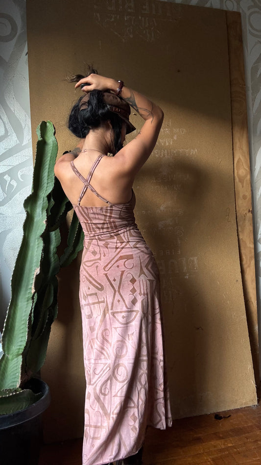 Small - Mauve Blush - Limited series -(little orange variation of pigments in dye job) Darkoski X Zhinh Collaboration Empress Warrior Slit Dress- Screen Printed 66% bamboo, 26% cotton, 8% spandex- Recommended for 5.5ft and under (Copy)