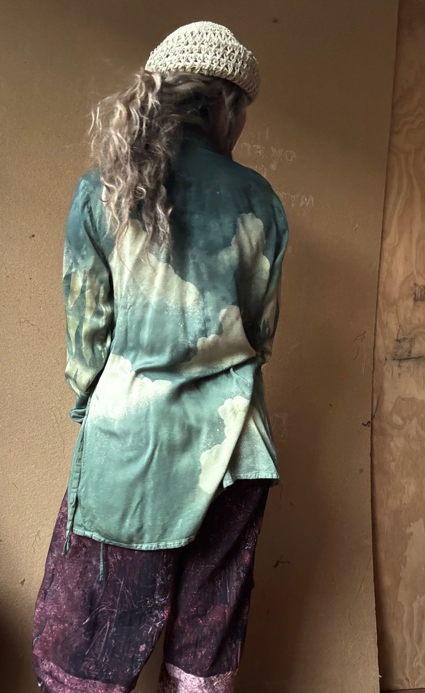 S/M - Jade Cloudy Skies Mountainous Sleeves-  Lotus Wrap Top- Vegan Silk Made from Lotus Waste - Versatile Style