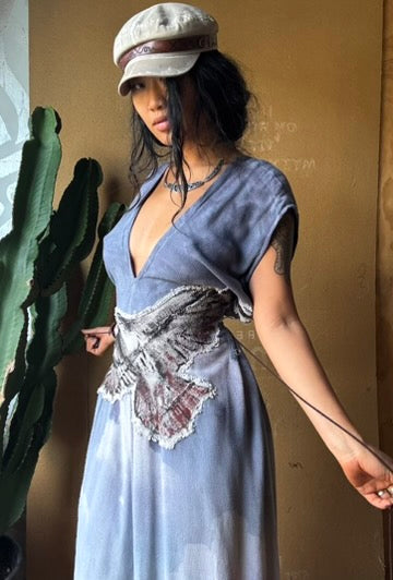 Petite (Fits XS/S/M) Tall Maxi Dress (can Hem If requested) And rise neckline too if needed - Silver Cloudy Sky Henka Dress - Hawk Spirit signs -Tie Back Hand painted Hawk patch - (Copy)