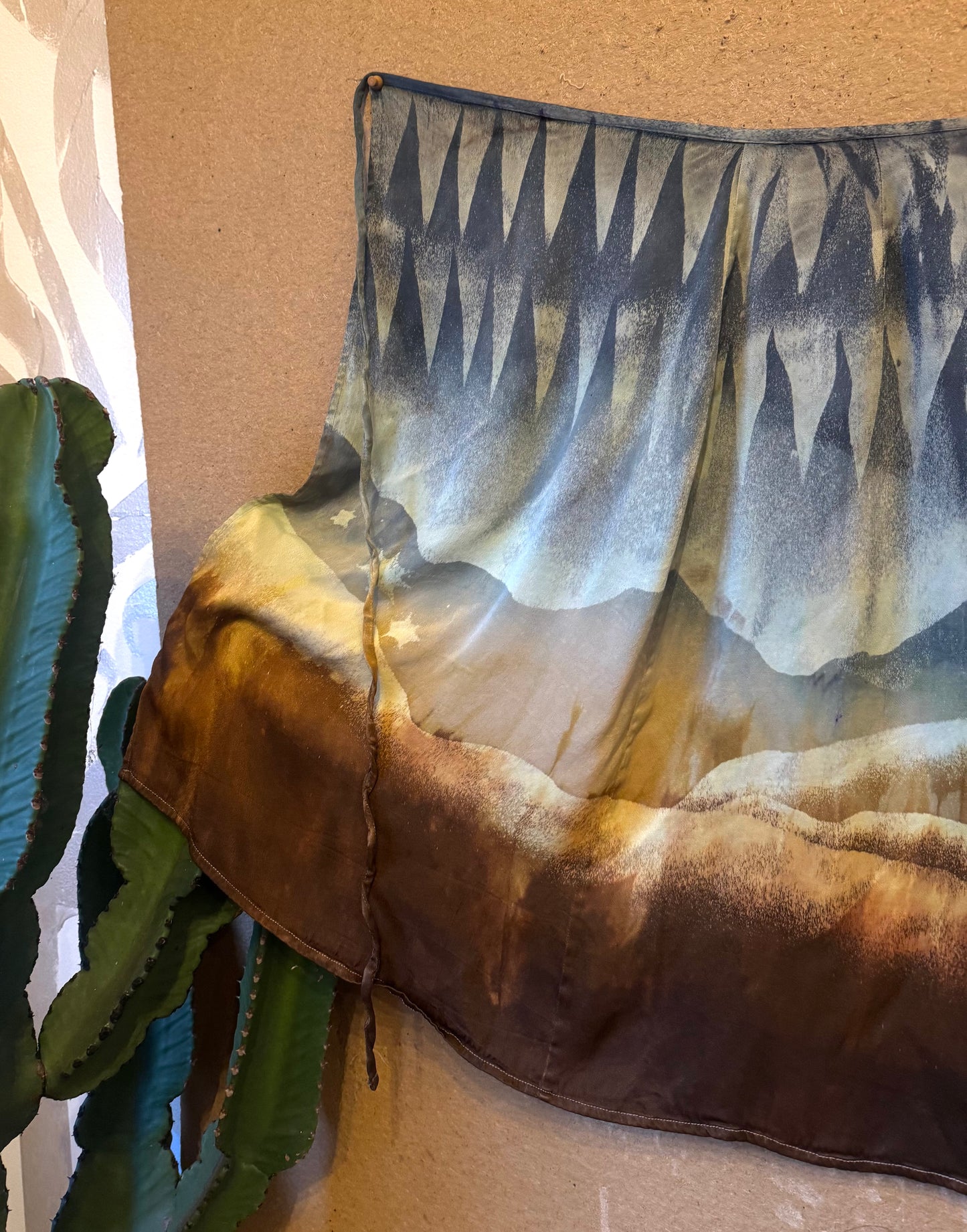 S/M - The Cold Front over the Desert -OOAK Landscape Tapestry Wrap Skirt-  Orange peel waste "silk" Fabric- Dip dyed- Handcut Stencil design