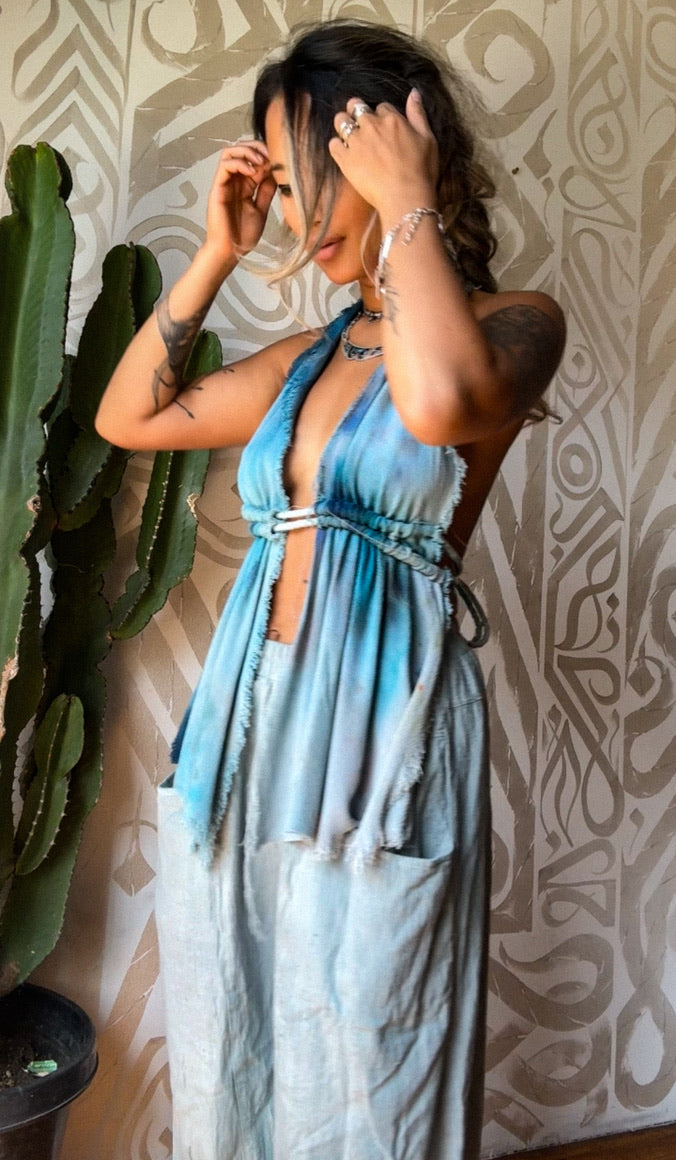 Fits S/M/L -Blue Palette Drop Cloth Waterfall Top -OOAK Curtain style cinched top-100%cotton deadstock novelty cotton fabric soft and textures fluid movement