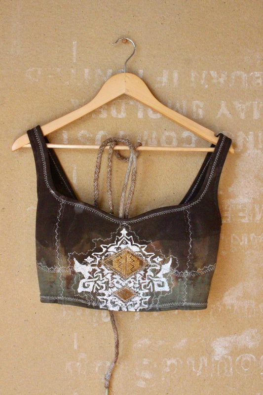 New ! Small - Rugspell Corset Bustier Top - Rugspell variation - Brown and green hues- Forest background- over Stitch details