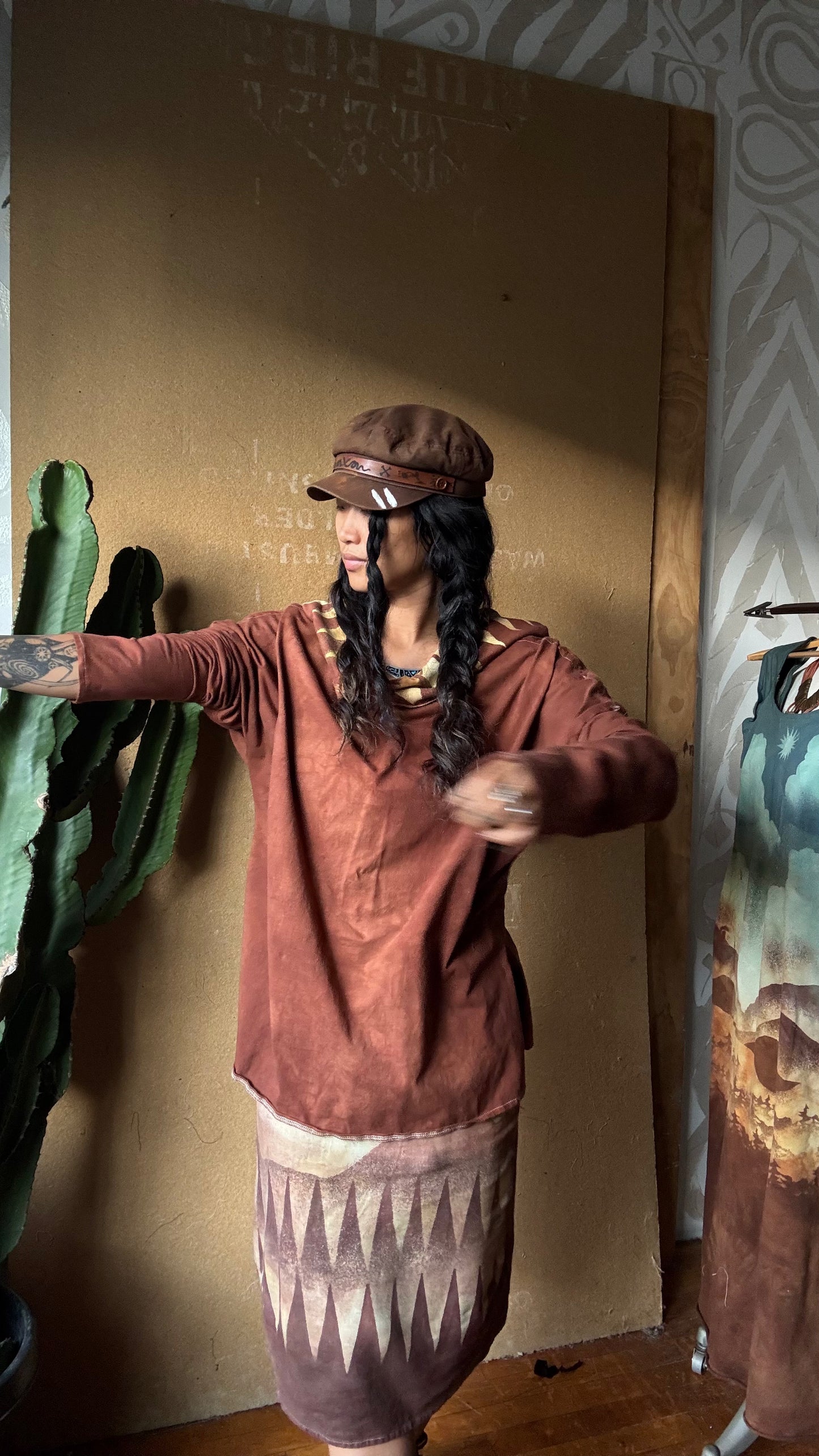 Medium -Terracotta Clay plain solid with Mountain print hood - Slouchy Long sleeve Hoodie  - Oversized Hoodie - 100% Triple layered Cotton heavy weight cotton Gauze - Cotton thermal stretch sleeves