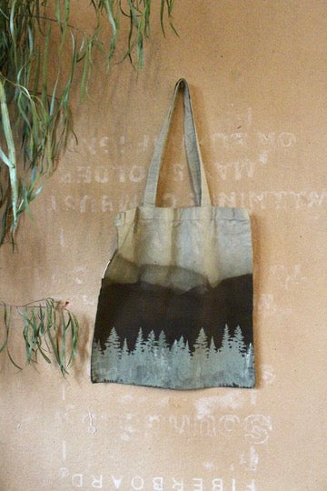 Zhinh - Roger/Tree Landscape Print Tote Bag - Green -Limited series - Hand dyed - Screen Printed- Organic Cotton- Grocery bag/Book Bag/Picnic Bag