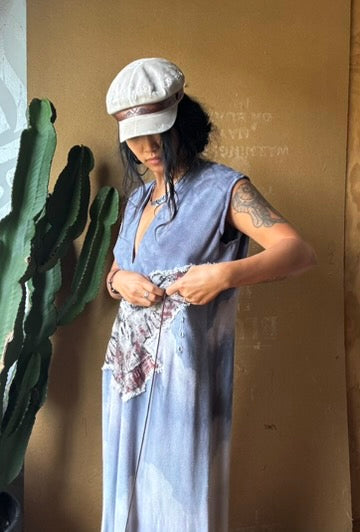 Petite (Fits XS/S/M) Tall Maxi Dress (can Hem If requested) And rise neckline too if needed - Silver Cloudy Sky Henka Dress - Hawk Spirit signs -Tie Back Hand painted Hawk patch - (Copy)