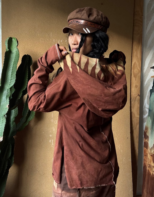 Medium -Terracotta Clay plain solid with Mountain print hood - Slouchy Long sleeve Hoodie  - Oversized Hoodie - 100% Triple layered Cotton heavy weight cotton Gauze - Cotton thermal stretch sleeves
