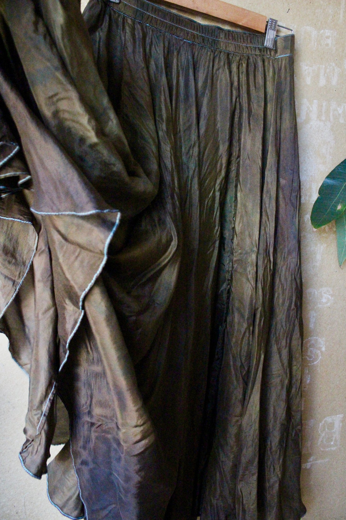 Small - Bronze Beetle Maxi/midi Skirt - Made from 8 meters of 100% Peace Ahisma Silk - Hand dyed- Olive green/bronze/brown -OOAK