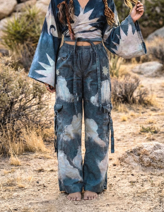 Small - Size 4- Blue Skies Cargo Pants - 100% Cotton - Upcycled - Regenera-zhinh - Stretch Waist