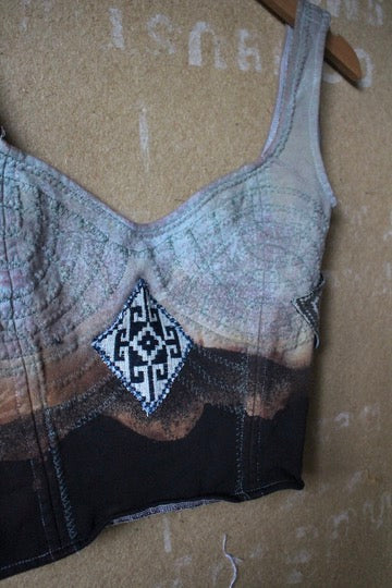 XS/S - Continuum/Integration Corset Top - Vintage 70's Handwoven Vietnamese patches - Adjustable back