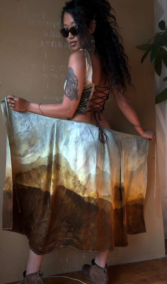 MTO (Made to order)- Limited slots- The Mountain Serenity Landscape Tapestry Wrap Skirt - Made from Orange peel waste 'Silk"