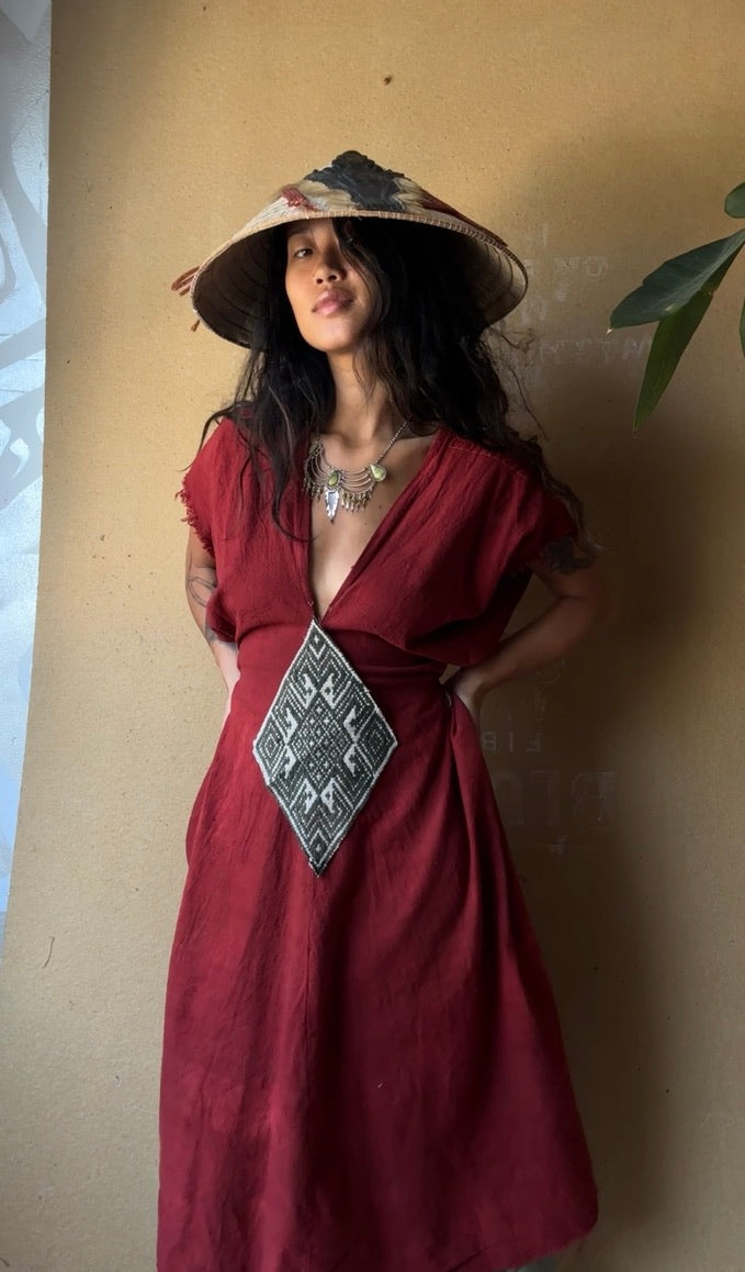 Regular (Fits S/M/L ) Maxi Red Henka Dress - Deadstock Fabric 100% Cotton -70's Hmong Hill tiribe hand woven heritage tapestry Vietnames  medium Weight