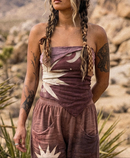 Small -Mauve Celestial Starburst  Origami Tube Top- Back Shirring stretch - Lotus "silk" lining- 100% Organic Kala Cotton exterior fabric