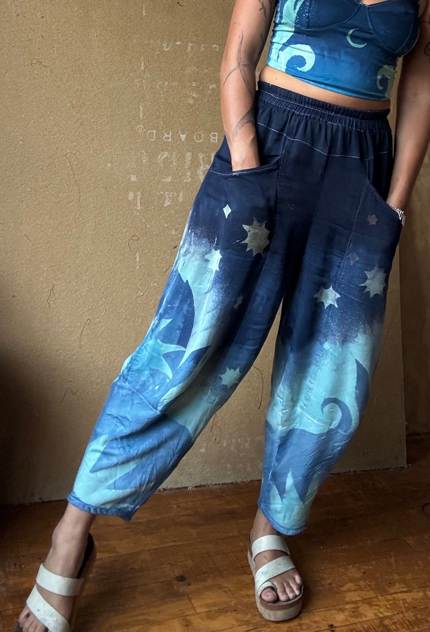 Small - Midnight Swirl Parachute Pants - Soft Milky Lotus Plant waste "Silk" - Short length  (recommended for 5.5ft and shorter) Vegan Silk - Milky Soft
