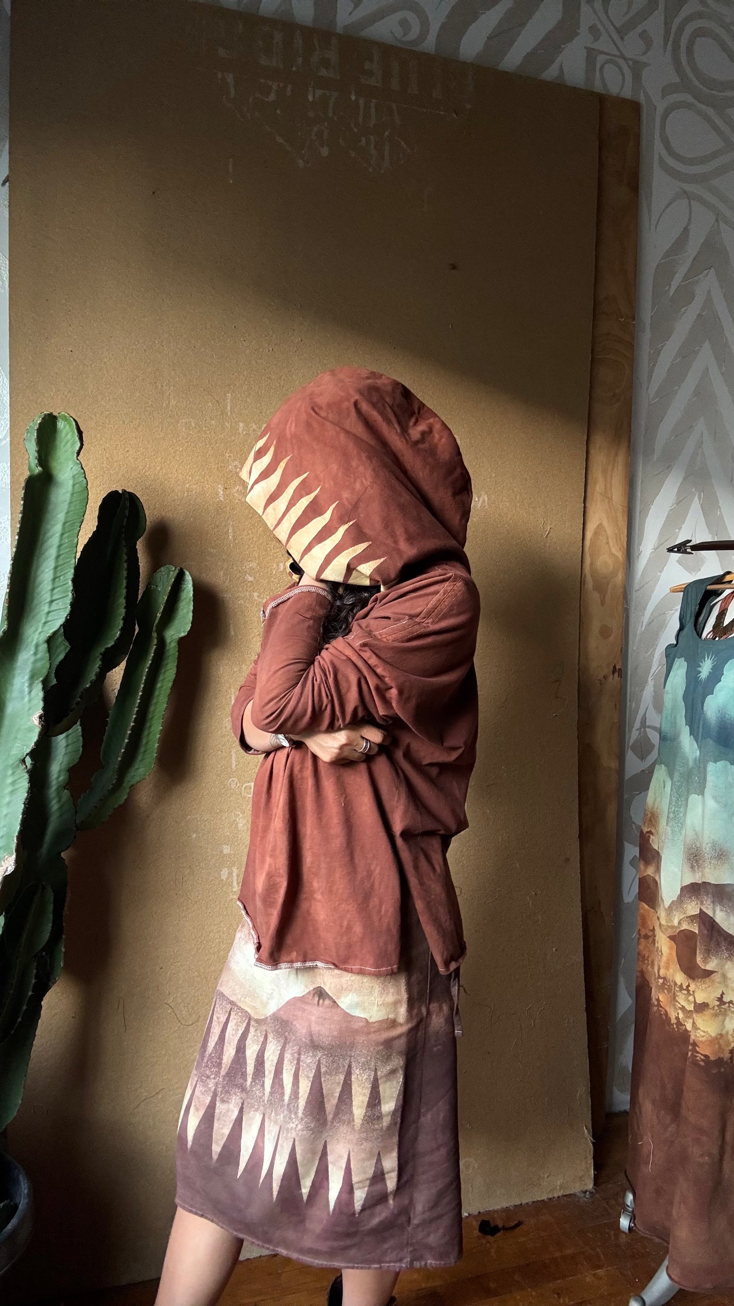 Medium -Terracotta Clay plain solid with Mountain print hood - Slouchy Long sleeve Hoodie  - Oversized Hoodie - 100% Triple layered Cotton heavy weight cotton Gauze - Cotton thermal stretch sleeves