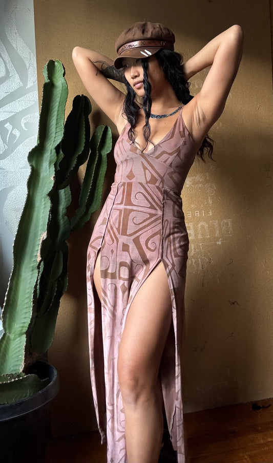 Small - Mauve Blush - Limited series -(little orange variation of pigments in dye job) Darkoski X Zhinh Collaboration Empress Warrior Slit Dress- Screen Printed 66% bamboo, 26% cotton, 8% spandex- Recommended for 5.5ft and under (Copy)