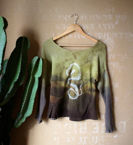 XS- Serpent Skeleton Long Sleeve Top- Lime Light - 100% Cotton open weave novelty cotton - limtied series deadstock fabric - 100%cotton thermal stretch sleeves