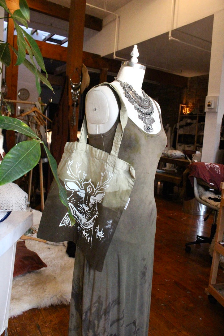 Zhinh - Roger/Tree Landscape Print Tote Bag - Green -Limited series - Hand dyed - Screen Printed- Organic Cotton- Grocery bag/Book Bag/Picnic Bag
