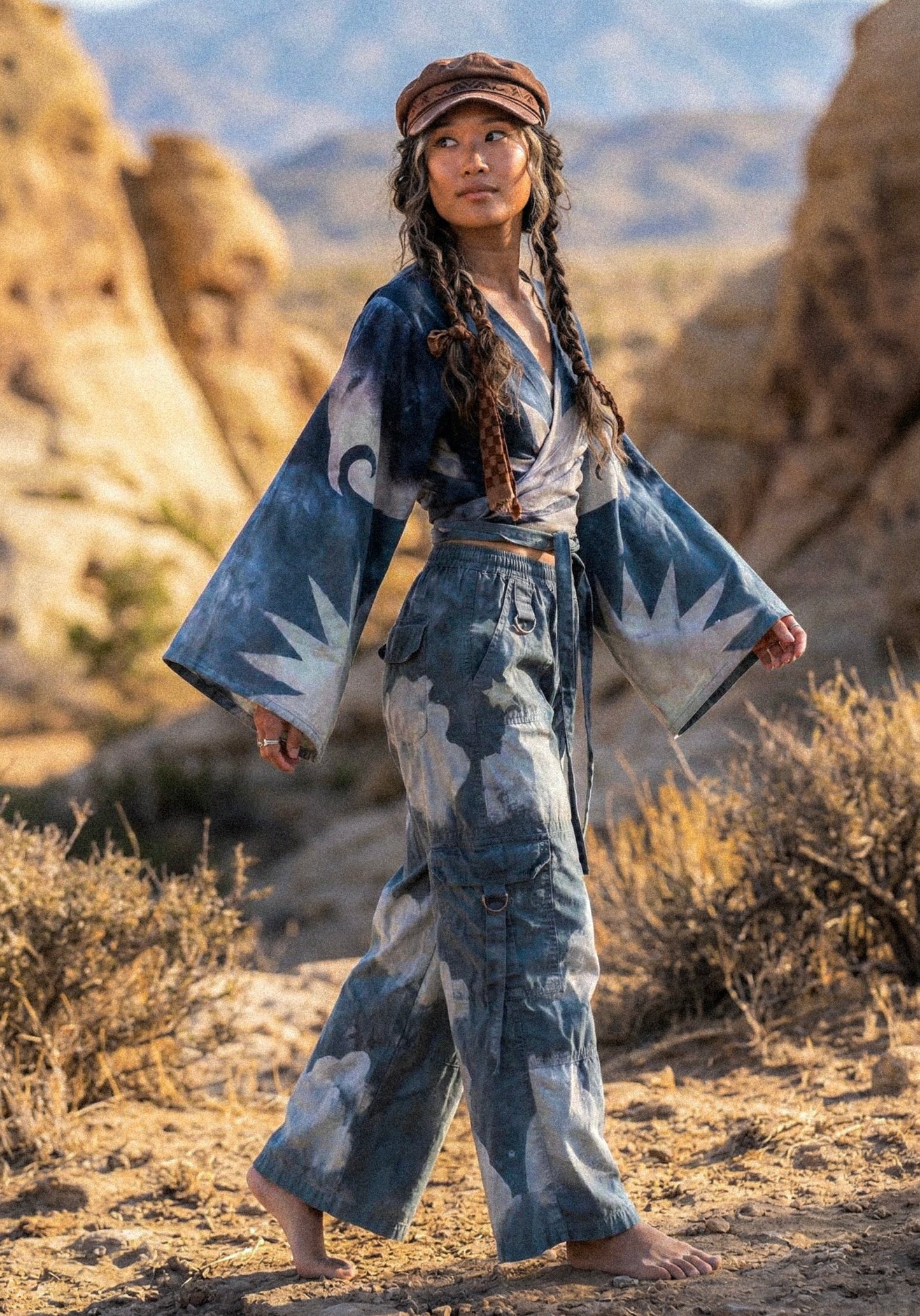 2 RTS- S/M Blue Celestial Burst Temple Swirl -  Kimono Wrap Top-- Made From Lotus Agricultural waste "Silk" (Copy)