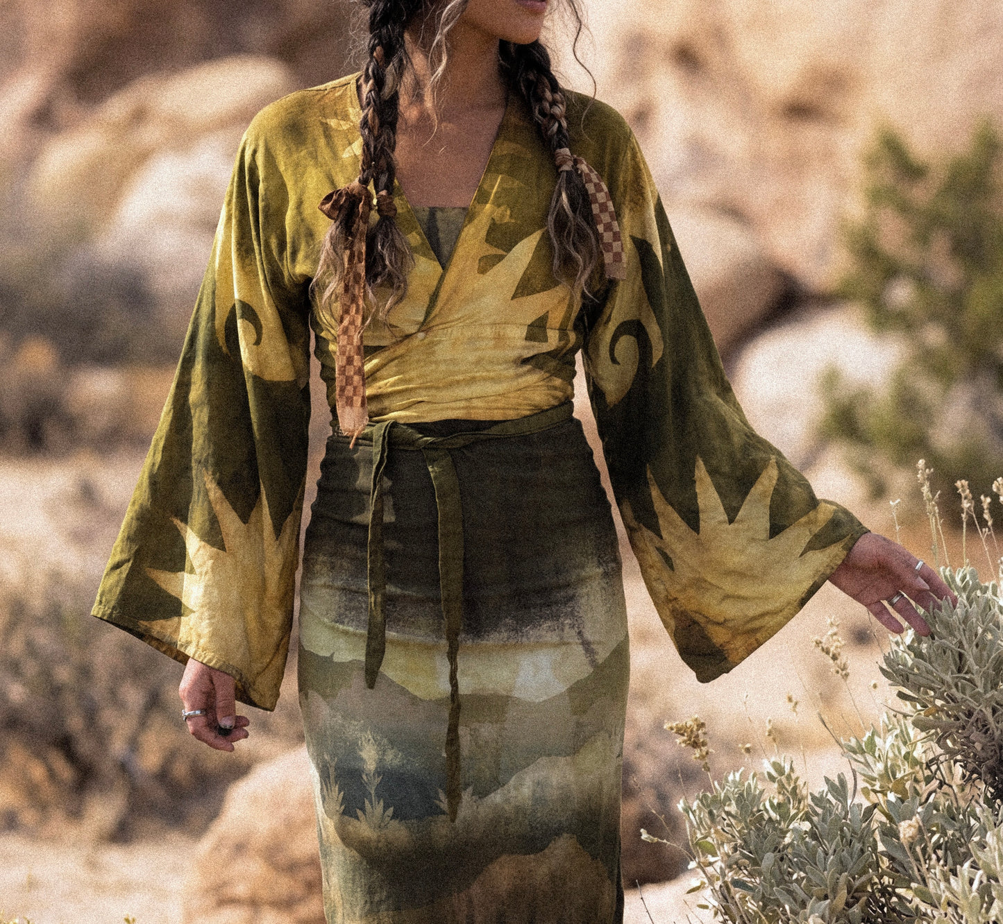 XS/S - Emerald Celestial Burst - Kimono Wrap Top- RTS- Made From Lotus Agricultural waste "Silk"