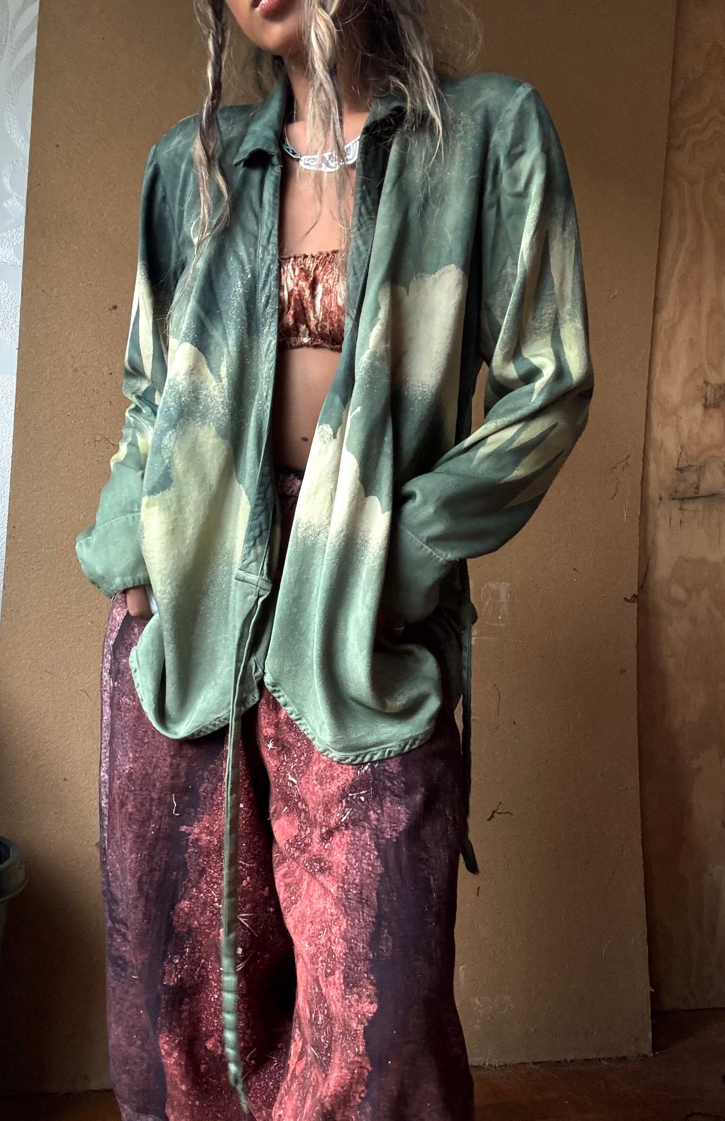 S/M - Jade Cloudy Skies Mountainous Sleeves-  Lotus Wrap Top- Vegan Silk Made from Lotus Waste - Versatile Style
