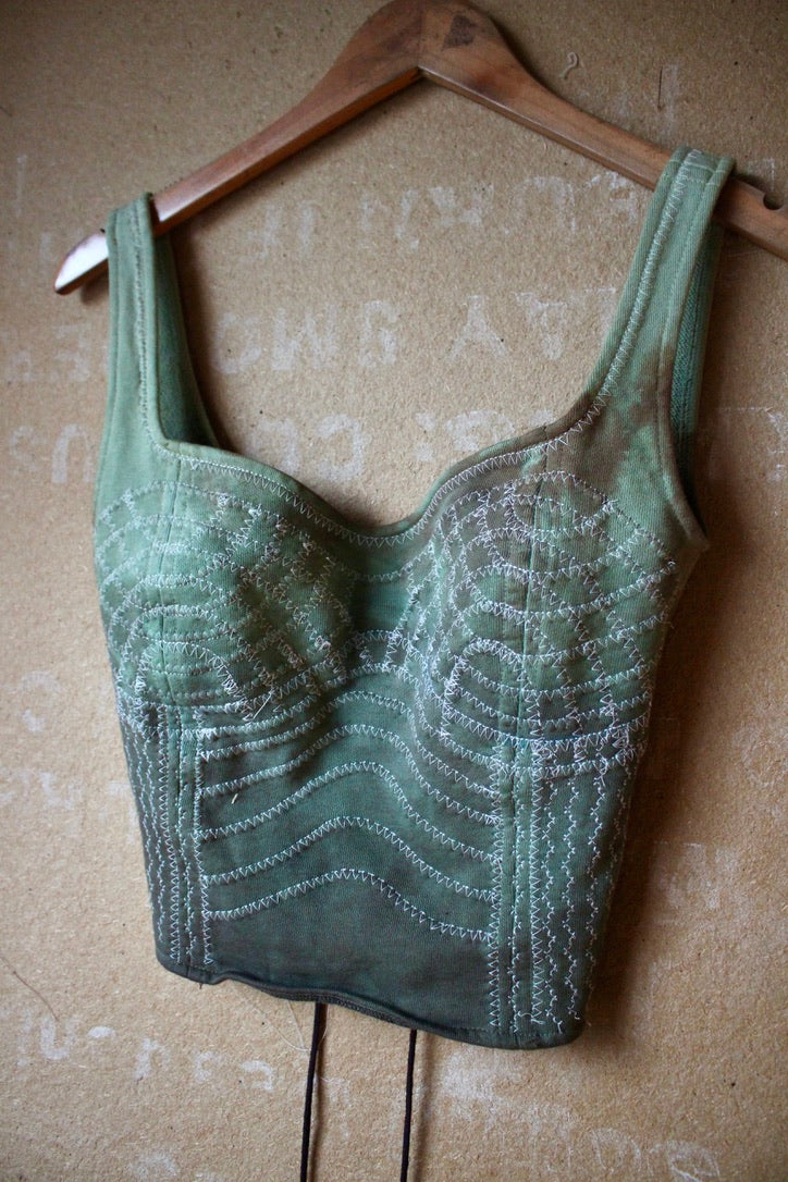 Small/medium -Turquoise Cactus Continuum Corset Top - Full Length- RTS - Sewing Machine Hand guided stitch details