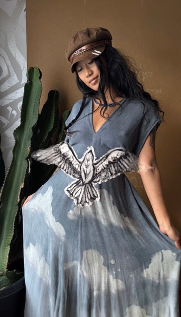 Regular (Fits S/M/L) Tall Maxi Dress (can Hem If requested) Silver Cloudy Sky Henka Dress - Hawk Spirit signs -Tie Back Hand painted Hawk patch -